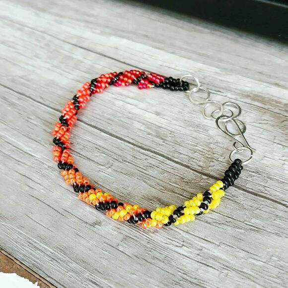 Adjustable Gradient Beaded Bracelet, Seed Bead Jewelry, Red Orange Yellow Black - Picture 8 of 12